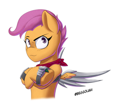 Size: 2883x2610 | Tagged: safe, artist:begoliah, imported from derpibooru, scootaloo, pegasus, semi-anthro, comic:crusaders, amputee, artificial wings, augmented, female, prosthetic limb, prosthetic wing, prosthetics, simple background, solo, transparent background, wings