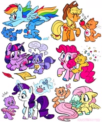 Size: 1389x1671 | Tagged: safe, artist:raystarkitty, imported from derpibooru, applejack, fluttershy, pinkie pie, rainbow dash, rarity, twilight sparkle, alicorn, earth pony, pegasus, pony, unicorn, birthday bear, bright heart raccoon, care bear cousins, care bears, crossover, cute, flying, friend bear, gentle heart lamb, loyal heart dog, lying down, mane six, proud heart cat, quill, scroll, share bear, simple background, sitting, smiling, swift heart rabbit, twilight sparkle (alicorn), white background