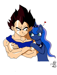 Size: 720x960 | Tagged: safe, imported from derpibooru, princess luna, alicorn, pony, saiyan, crossover, crossover shipping, dragon ball, duo, female, male, shipping, simple background, vegeta, white background