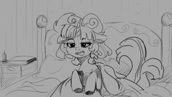 Size: 1024x576 | Tagged: safe, artist:hierozaki, imported from derpibooru, twilight sparkle, pony, unicorn, bed, bedroom, female, in bed, mare, monochrome, sketch, solo, waking up