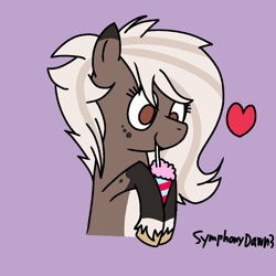 Size: 1000x1000 | Tagged: safe, artist:symphonydawn3, imported from derpibooru, oc, oc only, earth pony, pony, commission, drink, drinking, earth pony oc, female, heart, mare, simple background, smiling, smoothie, solo, straw in mouth, ych result