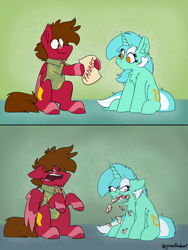 Size: 3000x4000 | Tagged: safe, artist:grandfinaleart, imported from derpibooru, lyra heartstrings, oc, oc:grand finale, pegasus, pony, unicorn, brown eyes, brown hair, brown mane, brown tail, chest fluff, chin fluff, digital art, duo, duo male and female, facial hair, female, folded wings, goatee, horn, l.u.l.s., male, mare, orange eyes, pegasus oc, red fur, simple background, sitting, smiling, stallion, stallion oc, tail, unshorn fetlocks, wings