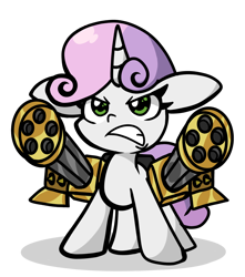 Size: 1320x1496 | Tagged: safe, artist:derp pone, imported from derpibooru, sweetie belle, pony, unicorn, angry, gritted teeth, minigun, not sweetie bot, simple background, solo, teeth, transparent background, weapon