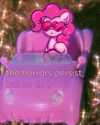 Size: 564x705 | Tagged: safe, artist:confetticakez, imported from derpibooru, pinkie pie, earth pony, pony, car, dissonant caption, female, glasses, heart shaped glasses, mare, solo, text