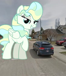 Size: 1787x2048 | Tagged: safe, artist:jhayarr23, imported from derpibooru, vapor trail, pegasus, pony, building, car, city, female, giant pony, giantess, highrise ponies, house, irl, macro, mare, oregon, overcast, photo, ponies in real life, tree, united states, van, vector