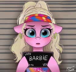 Size: 2048x1926 | Tagged: safe, artist:petaltwinkle, imported from derpibooru, earth pony, pony, barbie, barbie mugshot meme, ear piercing, earring, female, floppy ears, jewelry, looking at you, mare, meme, mugshot, piercing, ponified, ponified meme, signature, solo, text, visor cap