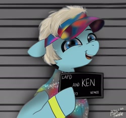 Size: 2048x1926 | Tagged: safe, artist:petaltwinkle, imported from derpibooru, earth pony, pony, barbie mugshot meme, hoof hold, ken, looking at you, male, meme, mugshot, open mouth, open smile, ponified, ponified meme, ryan gosling, smiling, smiling at you, solo, stallion, visor cap