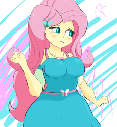 Size: 1080x1180 | Tagged: safe, artist:reinbou, imported from derpibooru, fluttershy, human, equestria girls, equestria girls series, big breasts, blushing, breasts, busty fluttershy, butterfly hairpin, female, fluttershy boho dress, geode of fauna, magical geodes, simple background, sketch, solo