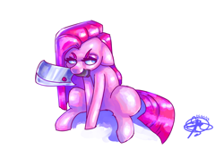 Size: 3600x2400 | Tagged: safe, artist:mannybcadavera, imported from derpibooru, pinkie pie, earth pony, pony, cleaver, female, floppy ears, knife, looking offscreen, mare, mouth hold, narrowed eyes, pinkamena diane pie, simple background, sitting, solo, white background
