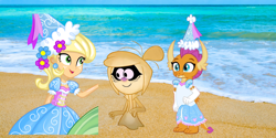 Size: 6912x3456 | Tagged: safe, imported from derpibooru, applejack, smolder, dragon, ghost, human, undead, equestria girls, 1000 years in photoshop, beach, beautiful, clothes, cute, dragoness, dress, ear piercing, female, froufrou glittery lacy outfit, gloves, gown, happy, hat, hennin, humanized, jackabetes, jewelry, long gloves, molly mcgee, necklace, piercing, pretty, princess, princess applejack, princess smolder, smiling, smolderbetes, spoilers for another series, the ghost and molly mcgee, trio, trio female