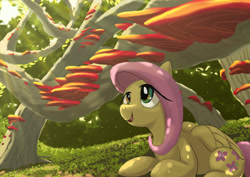 Size: 3508x2480 | Tagged: safe, artist:neoshrek, imported from derpibooru, fluttershy, pegasus, crepuscular rays, cute, dappled sunlight, fungus, lying down, mushroom, prone, shyabetes, solo