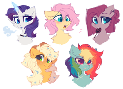 Size: 2070x1500 | Tagged: safe, artist:mirtash, imported from derpibooru, applejack, fluttershy, pinkie pie, rainbow dash, rarity, earth pony, pegasus, pony, unicorn, alternate hairstyle, alternate universe, blushing, candy, chest fluff, choker, ear fluff, ear piercing, earring, eye scar, eyeshadow, facial scar, female, food, freckles, jewelry, lipstick, lollipop, makeup, mare, open mouth, piercing, scar, simple background, white background