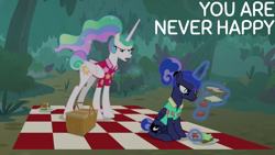 Size: 1920x1080 | Tagged: safe, edit, edited screencap, editor:quoterific, imported from derpibooru, screencap, princess celestia, princess luna, between dark and dawn, basket, food, forest, magic, picnic basket, picnic blanket, sandwich, telekinesis, tomato