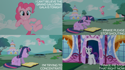 Size: 2000x1125 | Tagged: safe, edit, edited screencap, editor:quoterific, imported from derpibooru, screencap, pinkie pie, rarity, twilight sparkle, unicorn, the best night ever, book, carousel boutique, floppy ears, trampoline, unicorn twilight