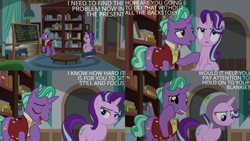 Size: 2000x1125 | Tagged: safe, edit, edited screencap, editor:quoterific, imported from derpibooru, screencap, firelight, starlight glimmer, the parent map, bookshelf, chalkboard, clothes, headscarf, scarf