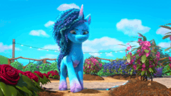 Size: 520x293 | Tagged: safe, imported from derpibooru, screencap, zipp storm, pegasus, pony, unicorn, animated, breathing, detective zipp, duo, duo female, female, flower, flying, g5, garden, gif, hiding, hoof done it?, jumping, magnifying glass, mare, misty brightdawn, my little pony: make your mark, my little pony: make your mark chapter 2, panting, rose, shocked, shocked expression, surprised, talking