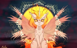 Size: 1920x1200 | Tagged: safe, artist:martazap3, imported from derpibooru, daybreaker, alicorn, pony, corrupted celestia, female, fire, horn, mare, royalty, smiling, solo, spread wings, sun, sunset, wings