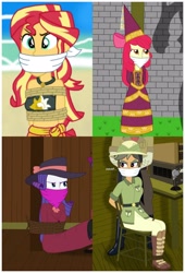 Size: 2927x4298 | Tagged: safe, artist:robukun, imported from derpibooru, apple bloom, chestnut magnifico, daring do, rarity, sunset shimmer, human, equestria girls, bondage, bound and gagged, cloth gag, clothes, damsel in distress, detective rarity, dress, gag, gown, hat, hennin, humanized, kidnapped, pole tied, princess, princess apple bloom, rope, rope bondage, struggling, tied to chair, tied up