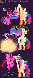 Size: 682x1597 | Tagged: safe, artist:sockiepuppetry, imported from derpibooru, princess celestia, twilight sparkle, alicorn, pony, unicorn, :3, :p, alicornified, ascension, comic, duo, flying, how to talk to short people, long neck, looking at each other, looking at someone, magic, meme, one eye closed, onomatopoeia, princess necklestia, race swap, sillestia, silly, simple background, spread wings, tongue out, twilight sparkle (alicorn), unicorn twilight, wings