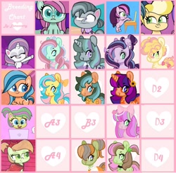 Size: 3271x3231 | Tagged: safe, artist:pegalsus, artist:vernorexia, imported from derpibooru, minty, octavio pie, pineapple salsa, potion nova, toola roola, oc, earth pony, pony, unicorn, dear tabby, my little pony: pony life, pie vs. pie, superb six, spoiler:pony life s02e10, adoptable, base used, bow, clothes, g3, g4.5, grid, hair bow, lilith, necktie, orange zest, salty lime, scarf, shipping chart, sportacular spectacular musical musak-ular, the great cowgirl hat robbery