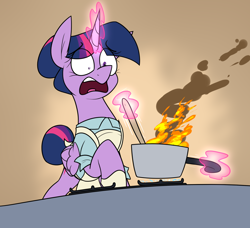 Size: 1710x1557 | Tagged: safe, artist:moonatik, imported from derpibooru, twilight sparkle, alicorn, pony, abstract background, apron, clothes, cooking, female, fire, gloves, glowing, glowing horn, hair bun, horn, magic, magic aura, mare, pinpoint eyes, pot, raised hoof, scared, shirt, smoke, solo, spoon, tail, tail bun, telekinesis, twilight sparkle (alicorn)