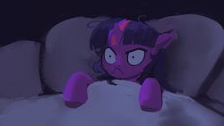 Size: 1920x1080 | Tagged: safe, artist:hierozaki, imported from derpibooru, twilight sparkle, pony, unicorn, :c, >:c, angry, bed, female, frown, lying down, mare, on back, reaction image, relatable, scowl, shrunken pupils, solo