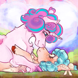 Size: 1500x1500 | Tagged: safe, artist:amendokat, imported from derpibooru, cozy glow, princess flurry heart, alicorn, pegasus, pony, :3, :<, blushing, chest fluff, cozyheart, cute, duo, duo female, female, lesbian, looking at each other, looking at someone, mare, nose to nose, older, older cozy glow, older flurry heart, shipping, smiling, unshorn fetlocks