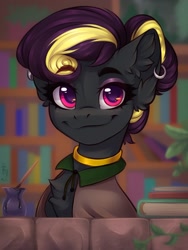 Size: 1200x1600 | Tagged: safe, artist:falafeljake, imported from derpibooru, oc, oc only, oc:note jotter, earth pony, pony, book, bookshelf, bust, chest fluff, clothes, ear fluff, ear piercing, earring, earth pony oc, eyebrows, eyebrows visible through hair, eyeshadow, female, hair bun, inkwell, jewelry, looking at you, makeup, mare, piercing, portrait, robe, smiling, smiling at you