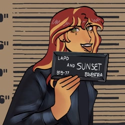 Size: 2098x2098 | Tagged: safe, artist:cardigansandcats, imported from derpibooru, sunset shimmer, human, equestria girls, barbie mugshot meme, female, meme, mugshot, solo, tongue out