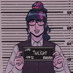 Size: 2098x2098 | Tagged: safe, artist:cardigansandcats, imported from derpibooru, sci-twi, twilight sparkle, human, equestria girls, barbie mugshot meme, female, meme, mugshot, solo