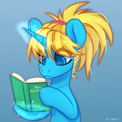 Size: 2004x2000 | Tagged: safe, artist:shelti, imported from derpibooru, oc, oc only, pony, unicorn, blue background, book, female, glowing, glowing horn, horn, simple background, unicorn oc
