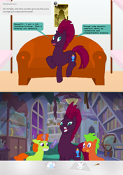 Size: 1075x1525 | Tagged: safe, artist:hakar-kerarmor, imported from derpibooru, tempest shadow, earth pony, mouse, unicorn, ask four inept guardponies, bookshelf, couch, female, globe, male, mare, metropolis, open up your *very* eyes, scalpel, scroll, singing, stallion, starlight's office, window