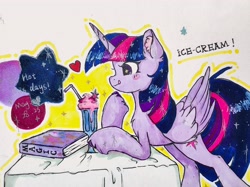 Size: 3865x2898 | Tagged: safe, imported from derpibooru, twilight sparkle, alicorn, pony, book, cute, ear fluff, food, heart, ice cream, simple background, solo, tongue out, twiabetes, twilight sparkle (alicorn), white background