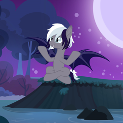 Size: 2844x2846 | Tagged: safe, artist:ghostpikachu, imported from derpibooru, oc, oc only, oc:luan, bat pony, bat pony oc, bat wings, fangs, gray eyes, male, moon, moonlight, night, outdoors, sitting, spread wings, stallion, tree, water, wings, yoga