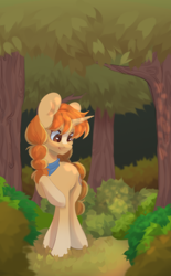 Size: 1338x2160 | Tagged: safe, artist:lissa__bee, imported from derpibooru, oc, oc only, oc:morning latte, pony, unicorn, big ears, blaze (coat marking), clothes, coat markings, detailed background, facial markings, female, forest, mare, nature, outdoors, raised hoof, scarf, smiling, socks (coat markings), solo, tree