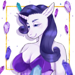 Size: 1920x1920 | Tagged: safe, artist:mushroom_ept, imported from derpibooru, rarity, anthro, unicorn, blue eyes, breasts, busty rarity, cleavage, clothes, crystal, curly hair, ears, eyebrows, eyelashes, female, horn, lidded eyes, nostrils, shoulderless, smiling, snout, solo, unicorn horn
