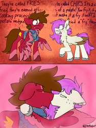 Size: 3000x4000 | Tagged: safe, artist:grandfinaleart, imported from derpibooru, oc, oc only, oc:grand finale, oc:molars, pegasus, pony, argument, brown eyes, brown hair, brown mane, brown tail, chest fluff, chin fluff, clothes, digital art, duo, duo male and female, facial hair, female, folded wings, freckles, goatee, hawaiian shirt, kiss on the lips, kissing, male, mare, mare oc, pegasus oc, pink hair, pink mane, pink tail, red fur, shirt, simple background, spread wings, stallion, stallion oc, straight, tail, unshorn fetlocks, wings, yelling, yellow eyes