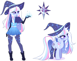 Size: 5124x4091 | Tagged: safe, artist:gihhbloonde, imported from derpibooru, human, pony, unicorn, clothes, dress, female, hat, human ponidox, magical lesbian spawn, mare, offspring, parent:trixie, parent:twilight sparkle, parents:twixie, self paradox, self ponidox, simple background, socks, thigh highs, transparent background, witch hat