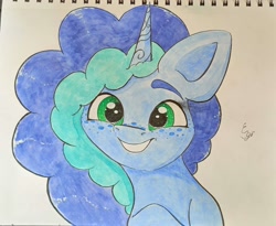 Size: 1996x1640 | Tagged: safe, artist:engi, imported from derpibooru, pony, unicorn, cute, female, freckles, g5, misty brightdawn, mistybetes, photo, simple background, smiling, solo, traditional art, watercolor painting