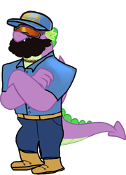 Size: 1280x1781 | Tagged: safe, artist:memnoch, edit, imported from derpibooru, vector edit, spike, dragon, beard, boots, cap, clothes, crossover, facial hair, foreman spike, gigachad spike, goggles, hat, male, name pun, namesake, older, older spike, pun, shoes, simple background, solo, super mario bros., the super mario bros. movie, transparent background, vector, visual pun, winged spike, wings, wrecking crew