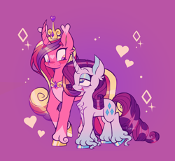 Size: 1944x1792 | Tagged: safe, artist:sidruni, imported from derpibooru, princess cadance, rarity, alicorn, pony, unicorn, blushing, curved horn, duo, female, heart, horn, infidelity, lesbian, purple background, raridance, shipping, simple background, unshorn fetlocks