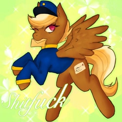 Size: 1080x1080 | Tagged: safe, artist:b4rktreats, imported from derpibooru, pegasus, pony, blonde, clothes, female, forced meme, green background, hat, letter, mare, mouth hold, one eye closed, red eyes, shitfuck meme, simple background, solo, spread wings, swift reply, uniform, vulgar, wings