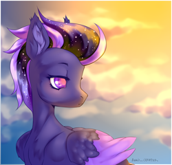 Size: 2500x2400 | Tagged: safe, artist:deadoyster, imported from derpibooru, oc, oc only, oc:shadow galaxy, pegasus, pony, chest fluff, cloud, commission, ear fluff, ethereal mane, sky, solo, starry mane, sunset, wings, ych result