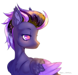 Size: 2500x2400 | Tagged: safe, alternate version, artist:deadoyster, imported from derpibooru, oc, oc only, oc:shadow galaxy, pegasus, pony, chest fluff, commission, ear fluff, ethereal mane, simple background, solo, starry mane, transparent background, wings, ych result