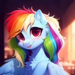 Size: 1500x1500 | Tagged: safe, artist:nightluna, derpibooru exclusive, imported from derpibooru, rainbow dash, pegasus, pony, :p, ai assisted, ai content, blushing, cheek fluff, chest fluff, cute, dashabetes, ear fluff, ears, eyebrows, eyebrows visible through hair, eyelashes, female, fluffy, generator:purplesmart.ai, generator:stable diffusion, looking at you, mare, neck fluff, smiling, smiling at you, snoot, solo, tongue out