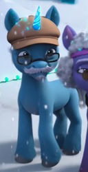 Size: 353x687 | Tagged: safe, imported from derpibooru, screencap, pony, unicorn, spoiler:g5, spoiler:winter wishday, clean cut, cropped, facial hair, female, g5, glasses, glowing, glowing horn, hat, horn, male, male focus, mare, moustache, my little pony: make your mark, my little pony: make your mark chapter 3, offscreen character, snow, snowfall, solo focus, stallion, unnamed character, unnamed pony, unshorn fetlocks, winter wishday