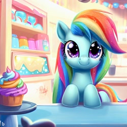 Size: 1024x1024 | Tagged: safe, imported from derpibooru, rainbow dash, pegasus, pony, ai content, ai generated, counter, cupcake, cute, cute smile, dashabetes, female, food, generator:dall-e 2, looking at you, mare, shop, smiling, smiling at you, solo, sparkly eyes, sugarcube corner, wingding eyes