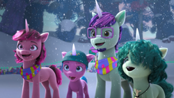 Size: 1920x1080 | Tagged: safe, imported from derpibooru, screencap, pony, unicorn, spoiler:g5, spoiler:winter wishday, azalea fields, beard, bridlewood, clothes, facial hair, female, foal, g5, glasses, group, hair over one eye, happy, hat, horn, male, mare, my little pony: make your mark, my little pony: make your mark chapter 3, open mouth, open smile, outdoors, quartet, scarf, smiling, snow, snowfall, stallion, strawberry spark, tail, taped glasses, unnamed character, unnamed pony, vidalia fields, winter hat, winter wishday
