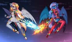 Size: 3700x2197 | Tagged: safe, artist:airiniblock, imported from derpibooru, oc, oc only, oc:stormy, oc:vivid tone, alicorn, anthro, pegasus, anthro oc, armor, clothes, dress, ear fluff, female, night, rcf community, stars, sword, tail, weapon, wings