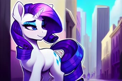 Size: 2304x1536 | Tagged: safe, imported from derpibooru, rarity, pony, unicorn, ai content, ai generated, city, female, generator:pony diffusion v4, generator:stable diffusion, mare, prompter:siber, solo, street, walking